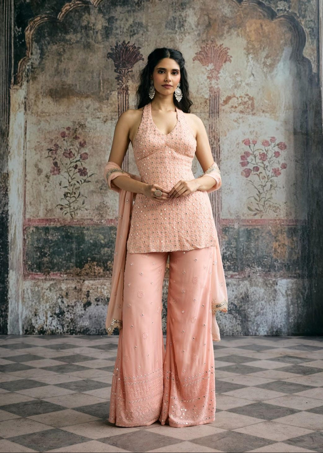 Aneesa Peach Mirror-Embroidered Sharara Set