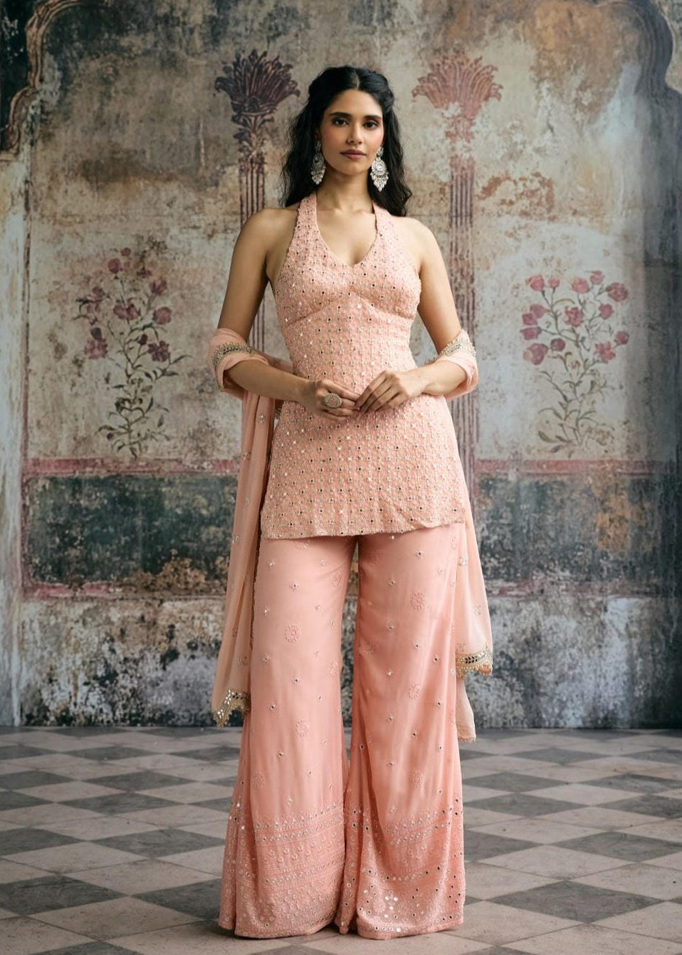 Aneesa Peach Mirror-Embroidered Sharara Set