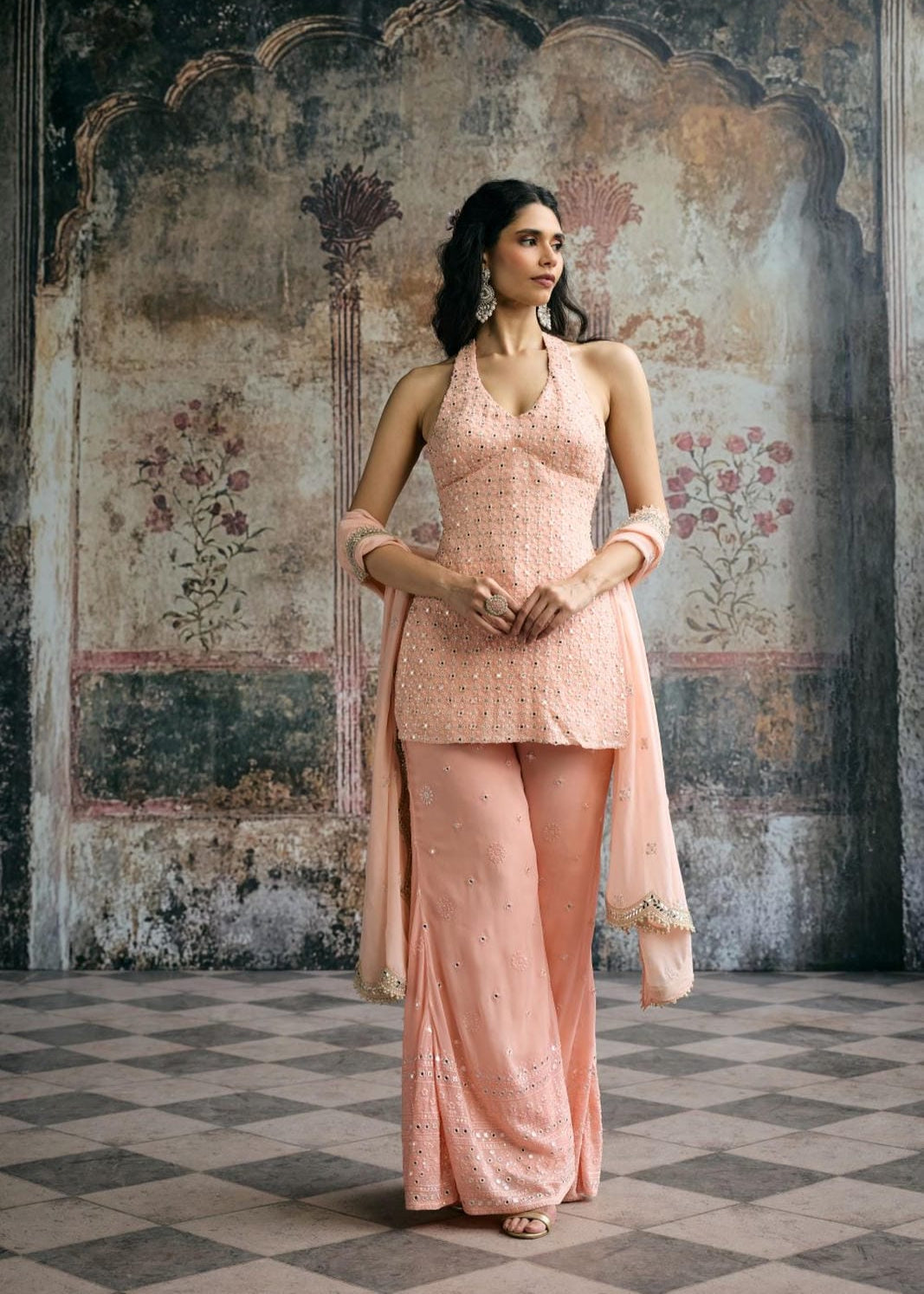 Aneesa Peach Mirror-Embroidered Sharara Set