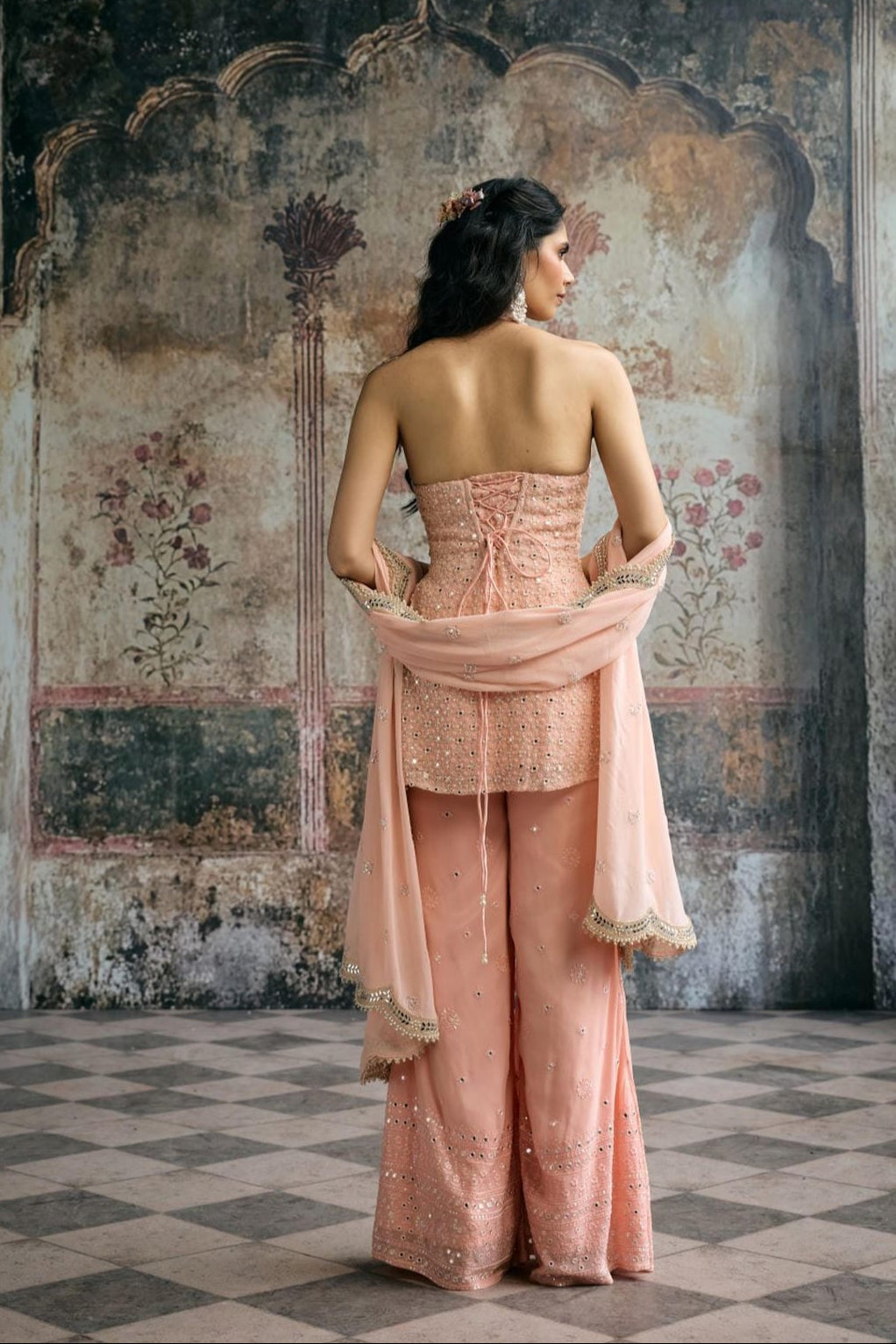 Aneesa Peach Mirror-Embroidered Sharara Set