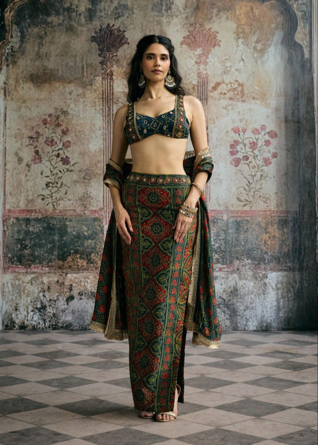 Kavya Green Ajrakh Hand Embroidered Coord Set