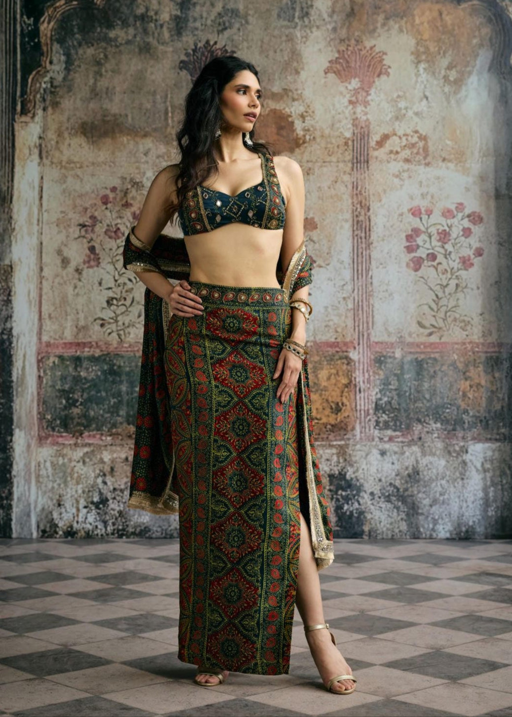 Kavya Green Ajrakh Hand Embroidered Coord Set