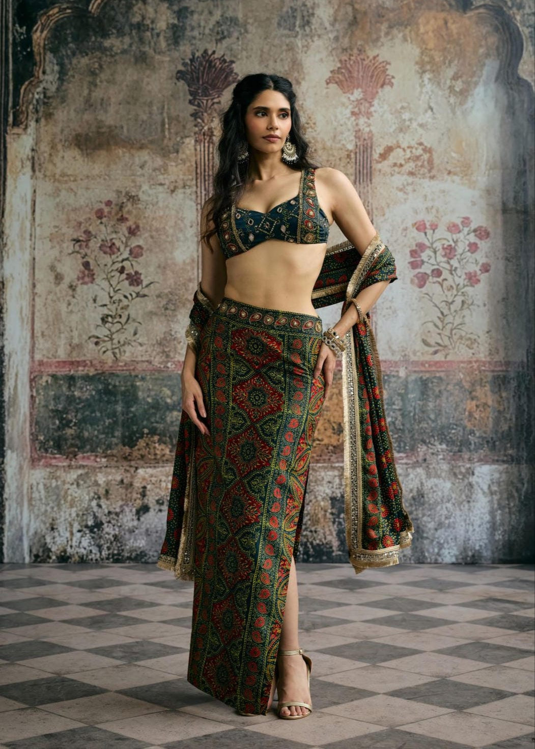 Kavya Green Ajrakh Hand Embroidered Coord Set