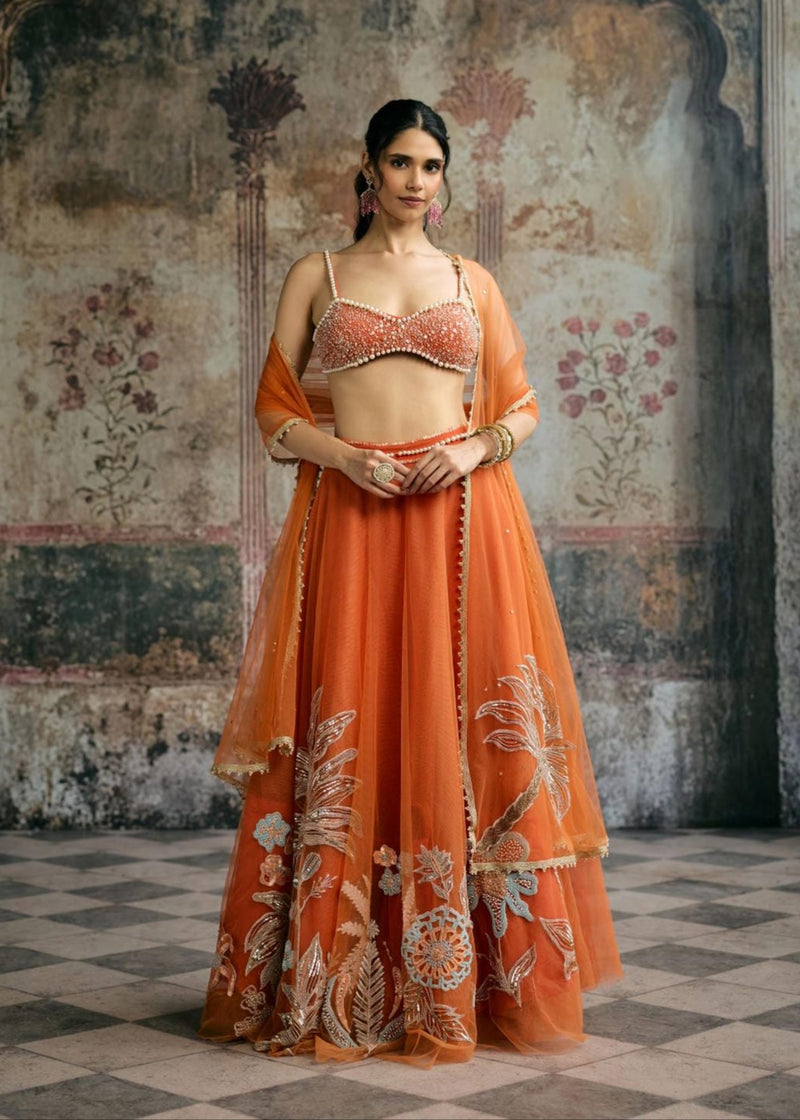 Sahana Orange Hand Embroidered Lehenga Set