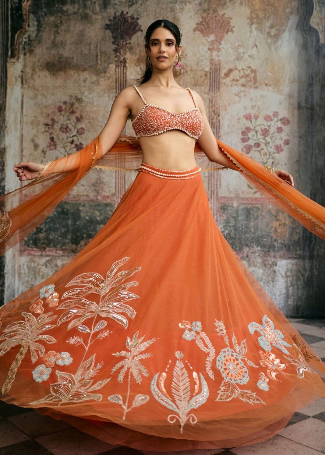 Sahana Orange Hand Embroidered Lehenga Set