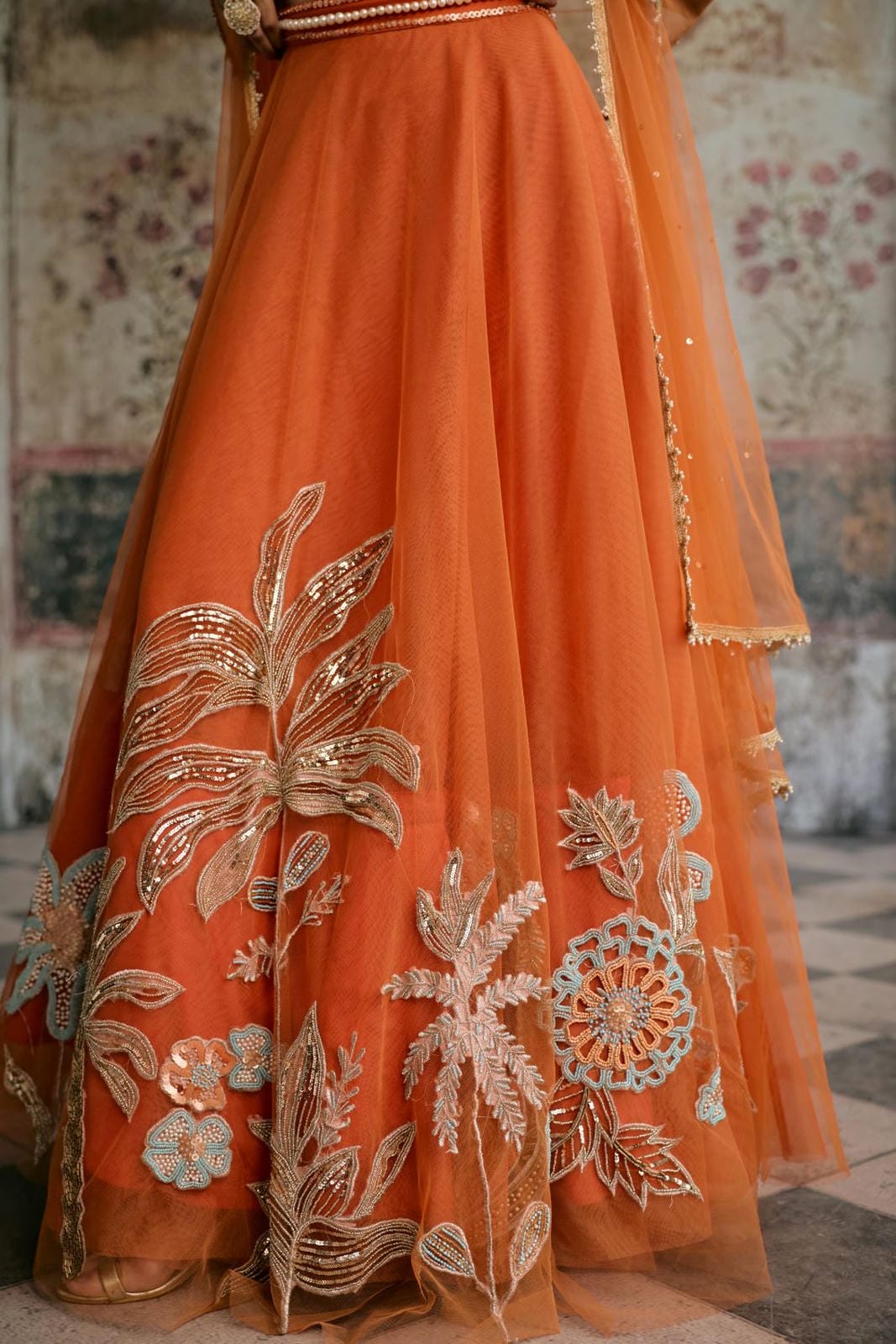 Sahana Orange Hand Embroidered Lehenga Set