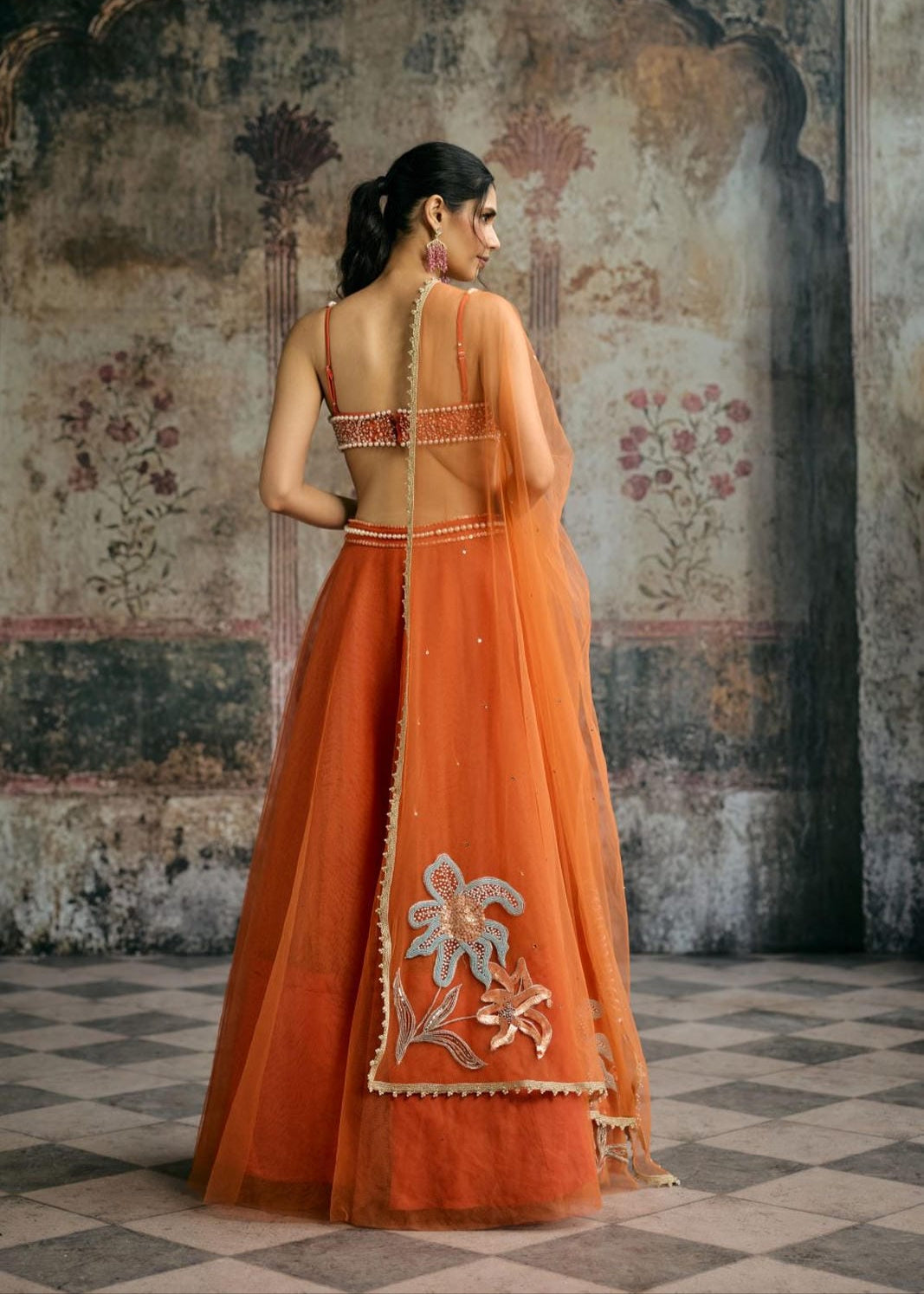 Sahana Orange Hand Embroidered Lehenga Set