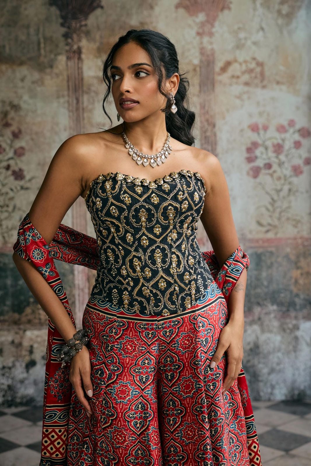 Rhea Black Ajrakh Hand Embroidered Corset