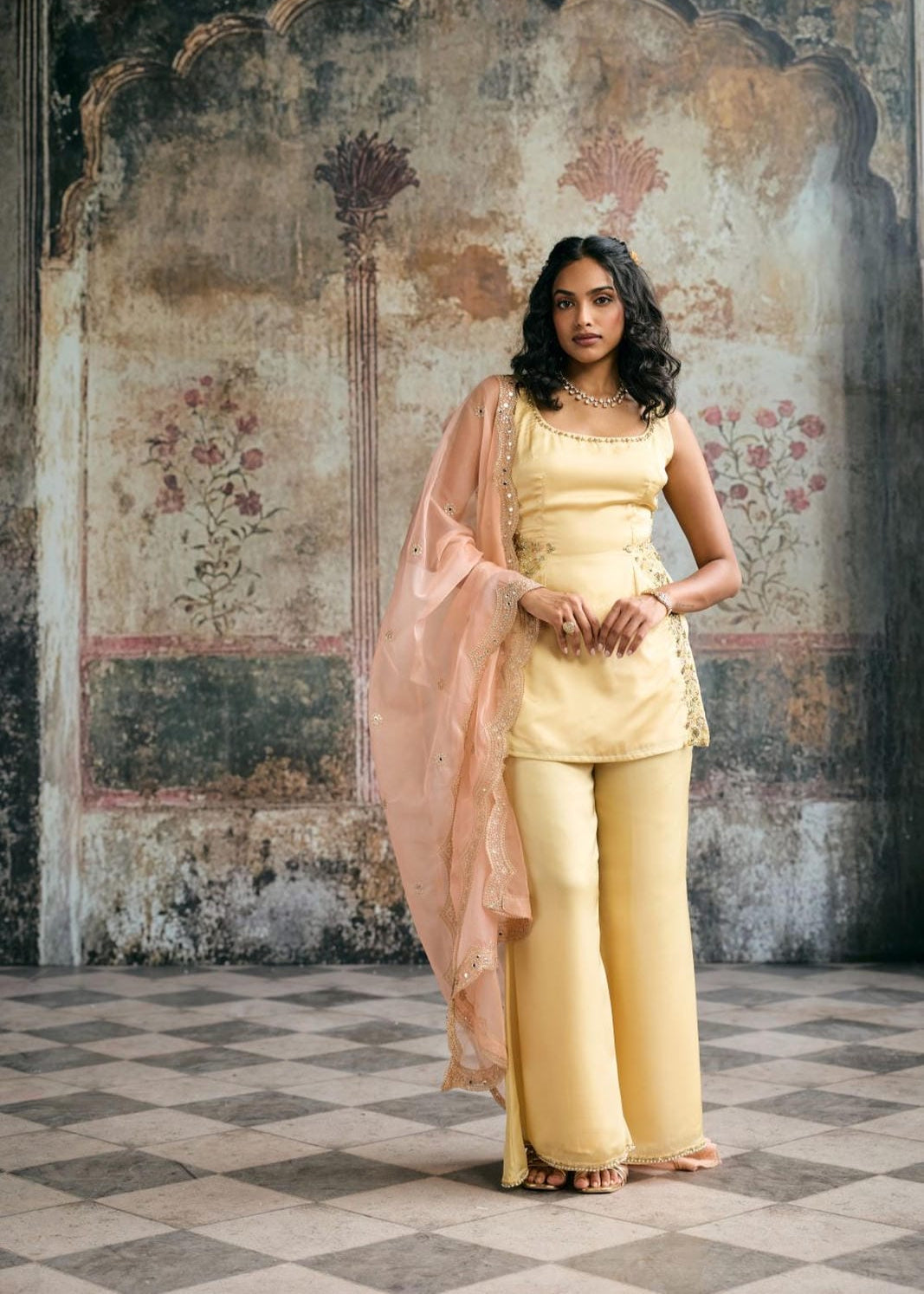 Farya Butter Yellow Hand-Embroidered Sharara Set