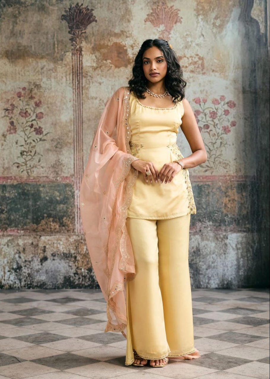 Farya Butter Yellow Hand-Embroidered Sharara Set
