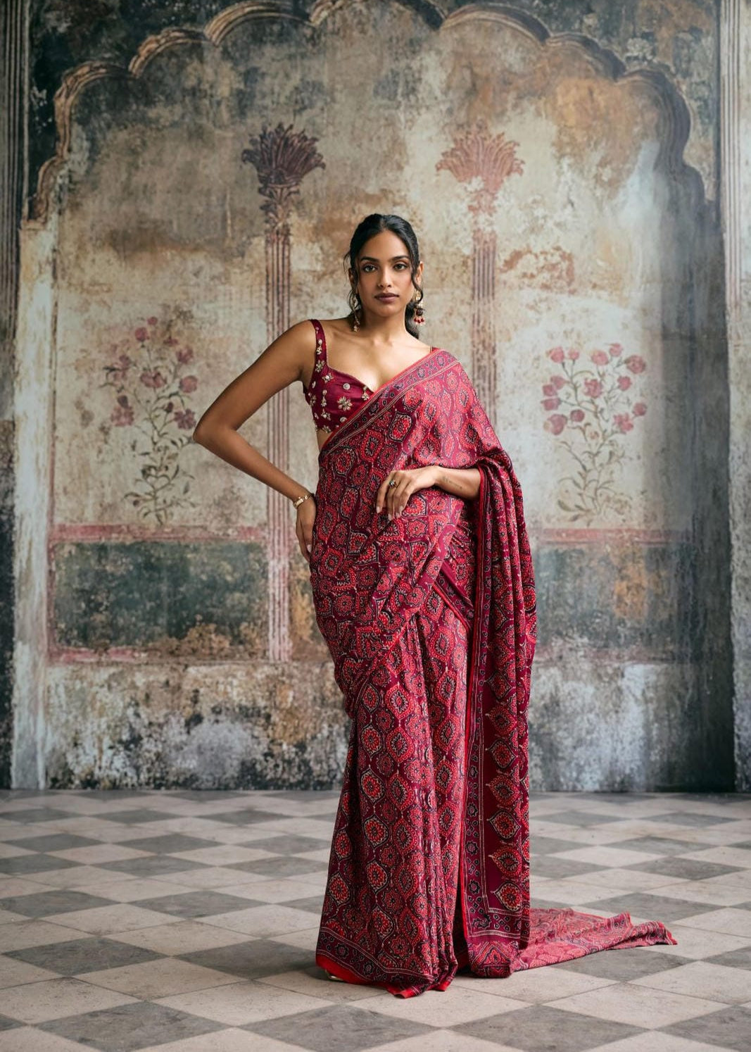 Meira Ajrakh Print Embroidered Pre-Draped Saree Set