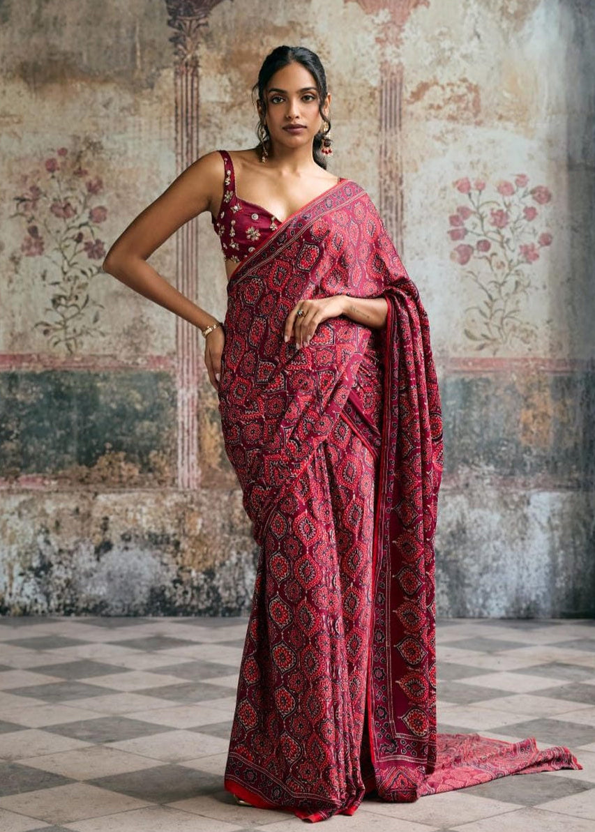 Meira Ajrakh Print Embroidered Pre-Draped Saree Set