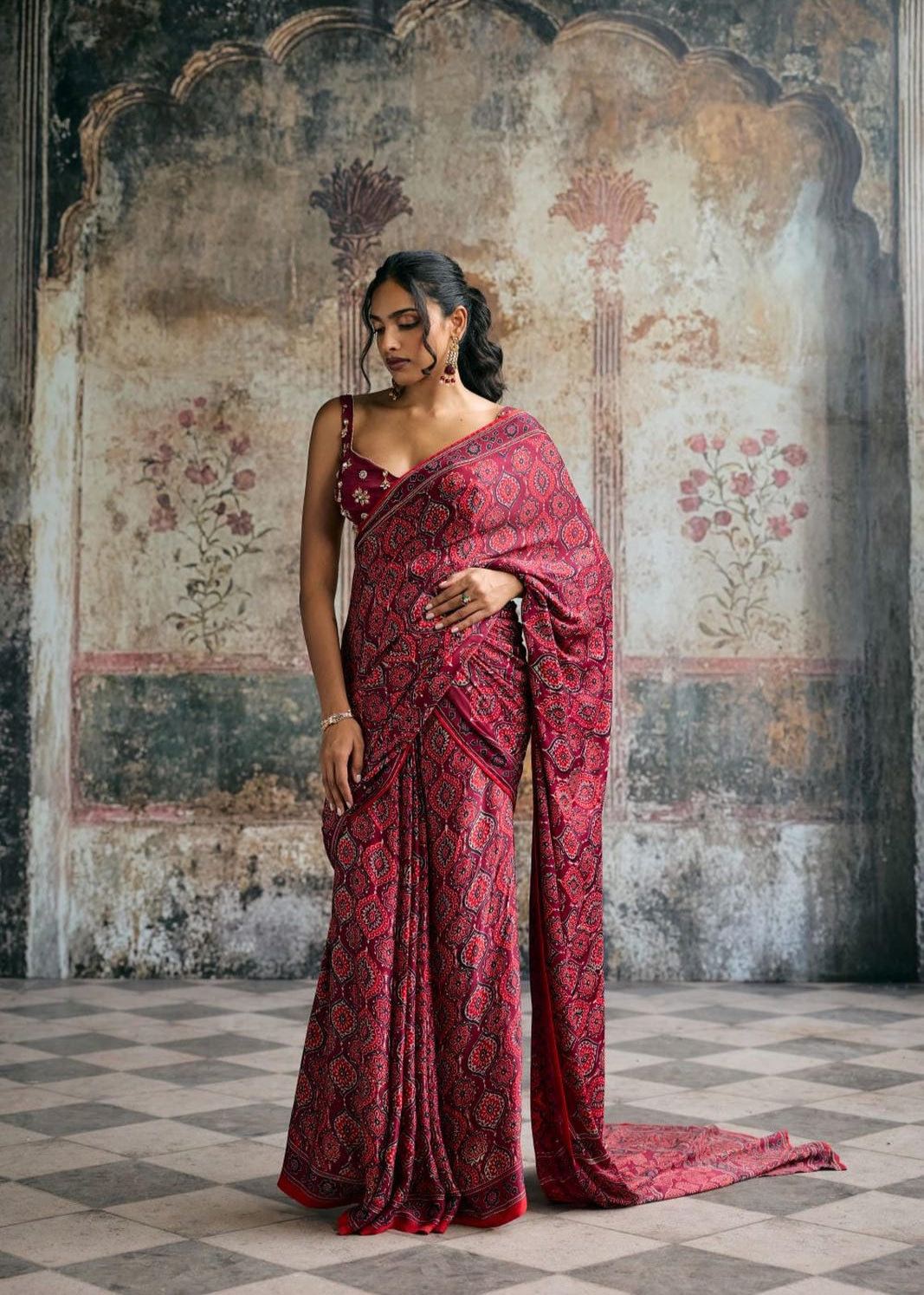 Meira Ajrakh Print Embroidered Pre-Draped Saree Set