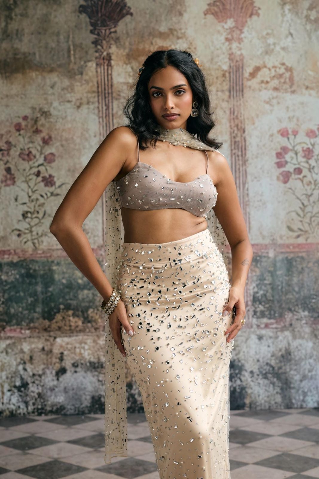 Alfiya Taupe Rhinestone-Embellished Skirt and Blouse Set