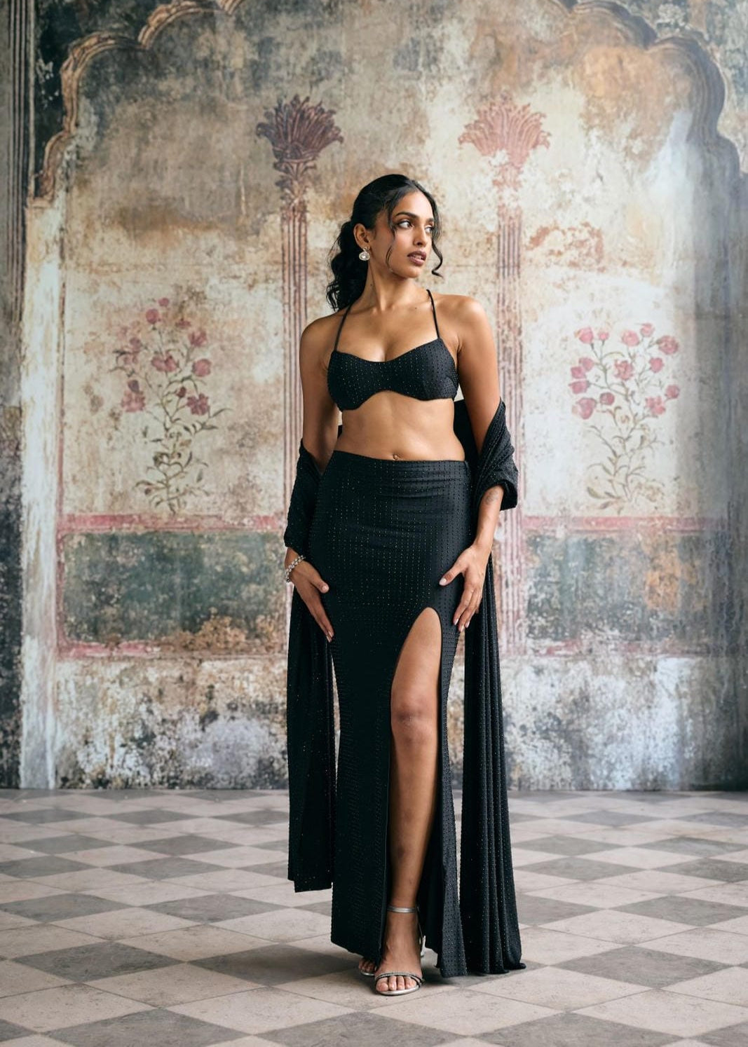 Shaina Black Rhinestone Multi-Way Lehenga Saree Set