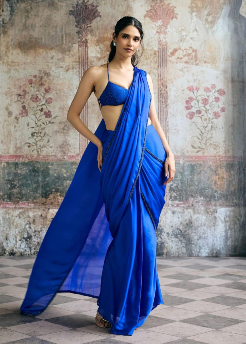 Naina Cobalt Blue Satin Georgette Saree Set