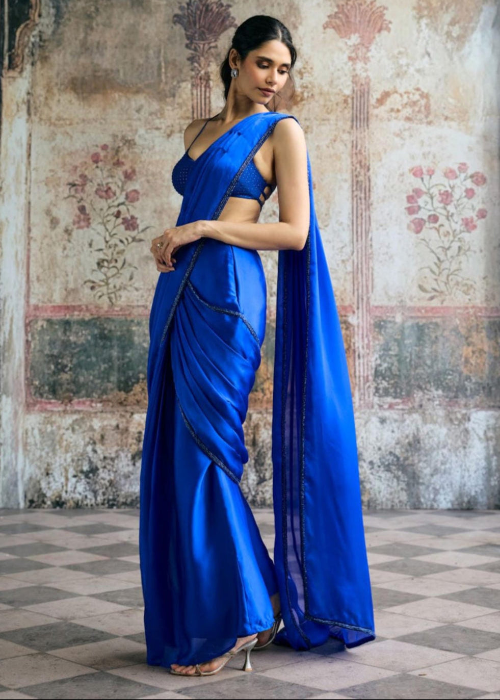 Naina Cobalt Blue Satin Georgette Saree Set