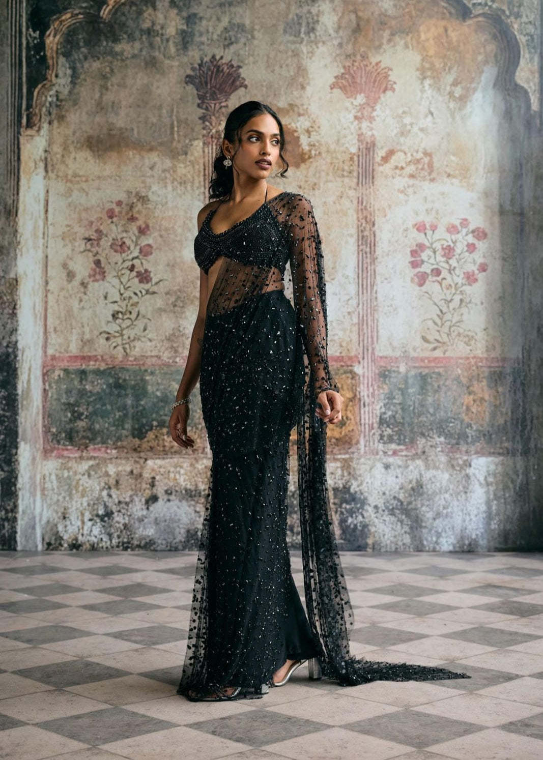 Aliara Black Modal Satin Rhinestone Embellished Saree Set