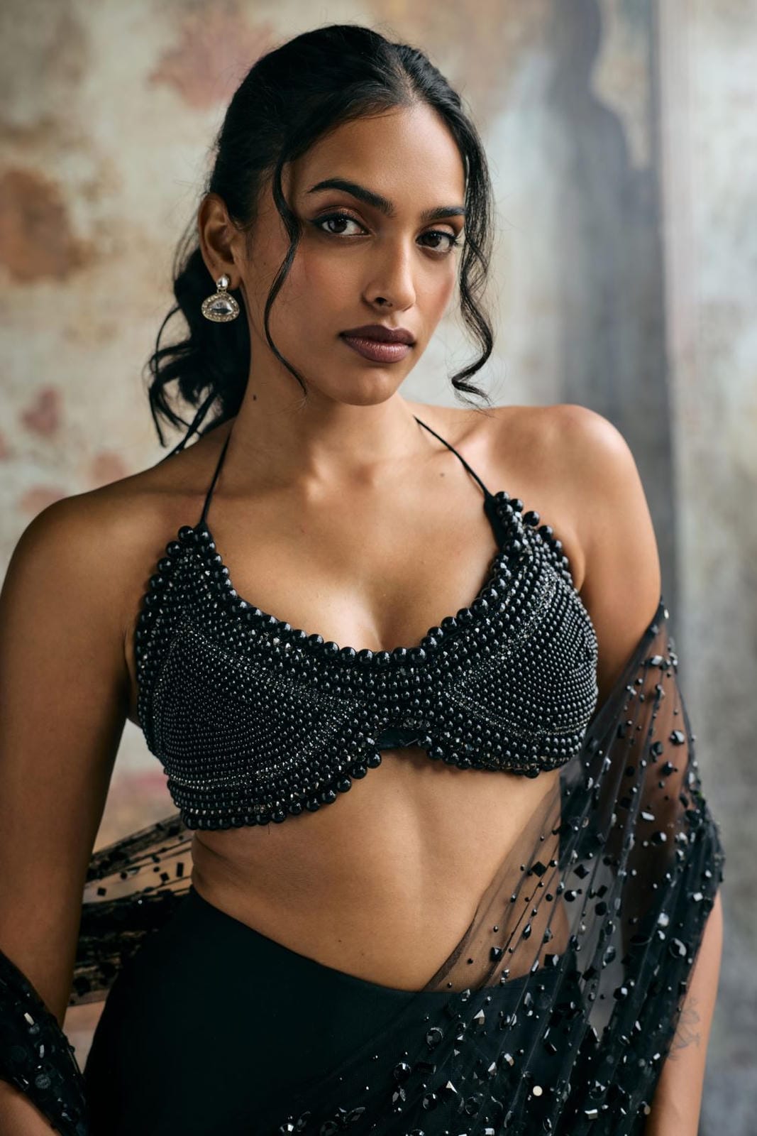 Aliara Black Modal Satin Rhinestone Embellished Saree Set