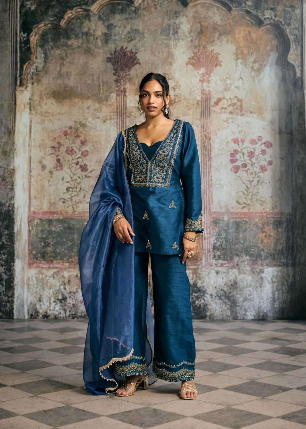 Ambar Blue Hand-Embroidered Silk Kurta Set