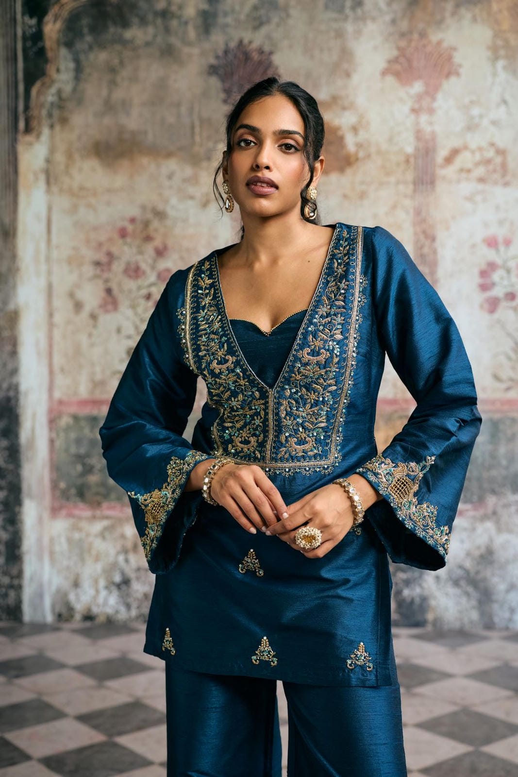 Ambar Blue Hand-Embroidered Silk Kurta Set