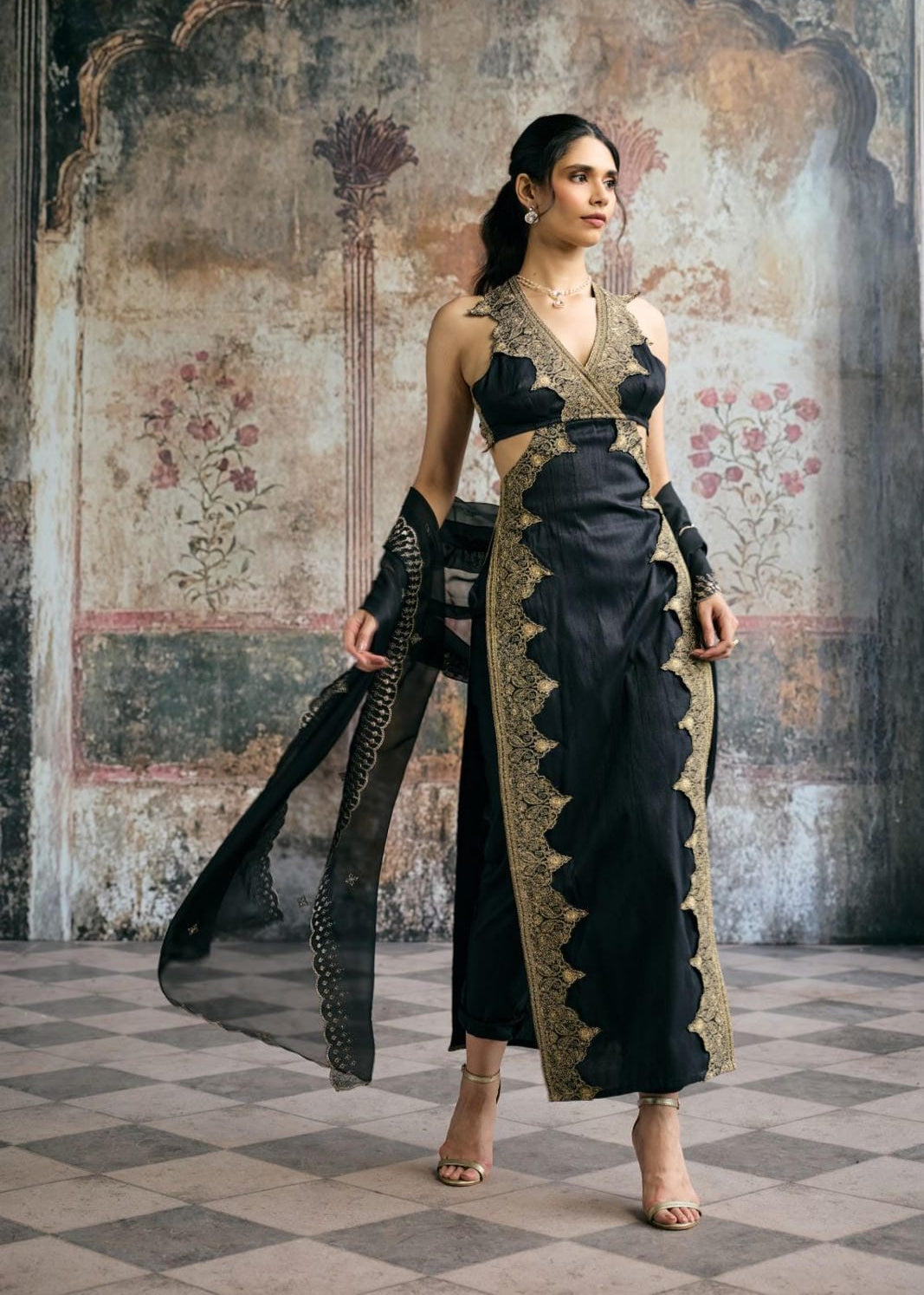 Kaia Black & Gold Silk Embroidered Kurta Set