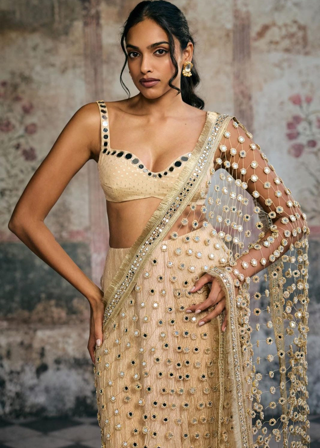 Sayra Gold Mirror-Embellished Crushed Tissue Saree Set with Poshida Pallu