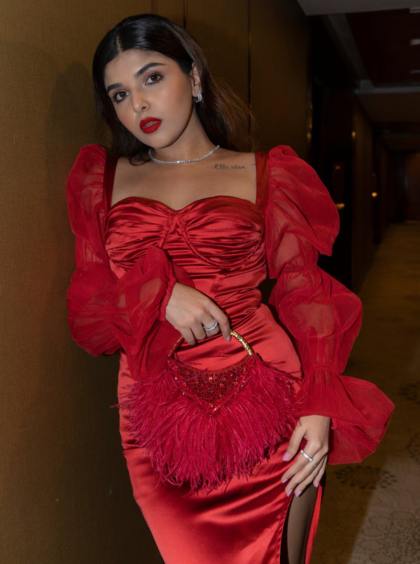 Scarlet Red Satin Puff Sleeve Bustier Gown