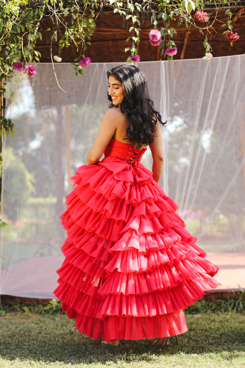 Isabelle Red High-Low Ruffle Tulle Corset Dress