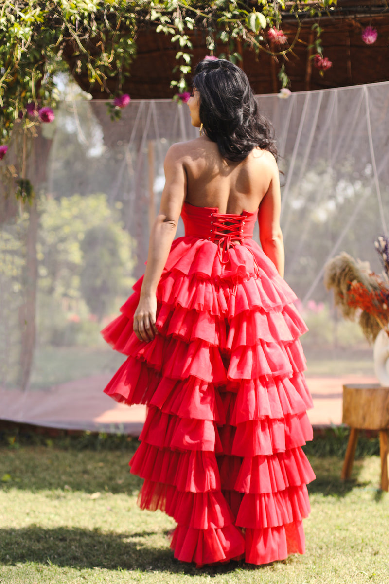 Isabelle Red High-Low Ruffle Tulle Corset Dress