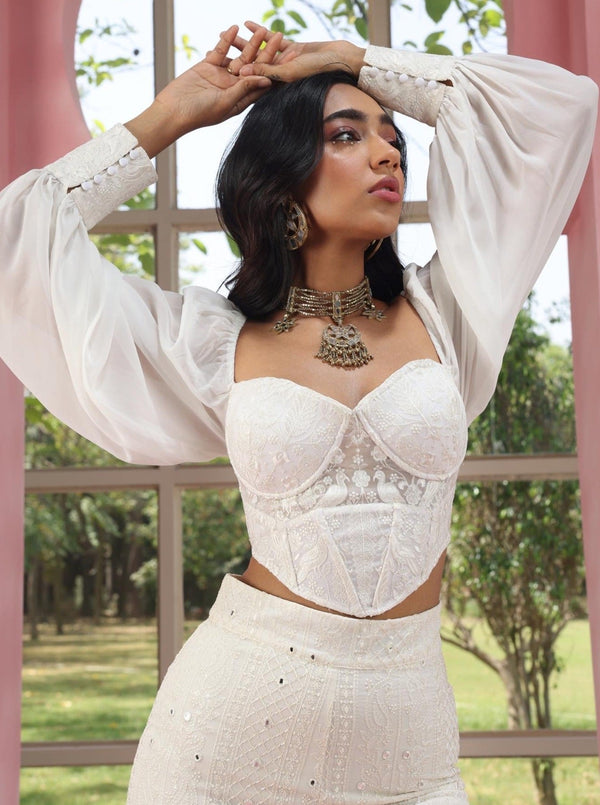 Buy Our Ruhiya White Embroidered Georgette Corset Top