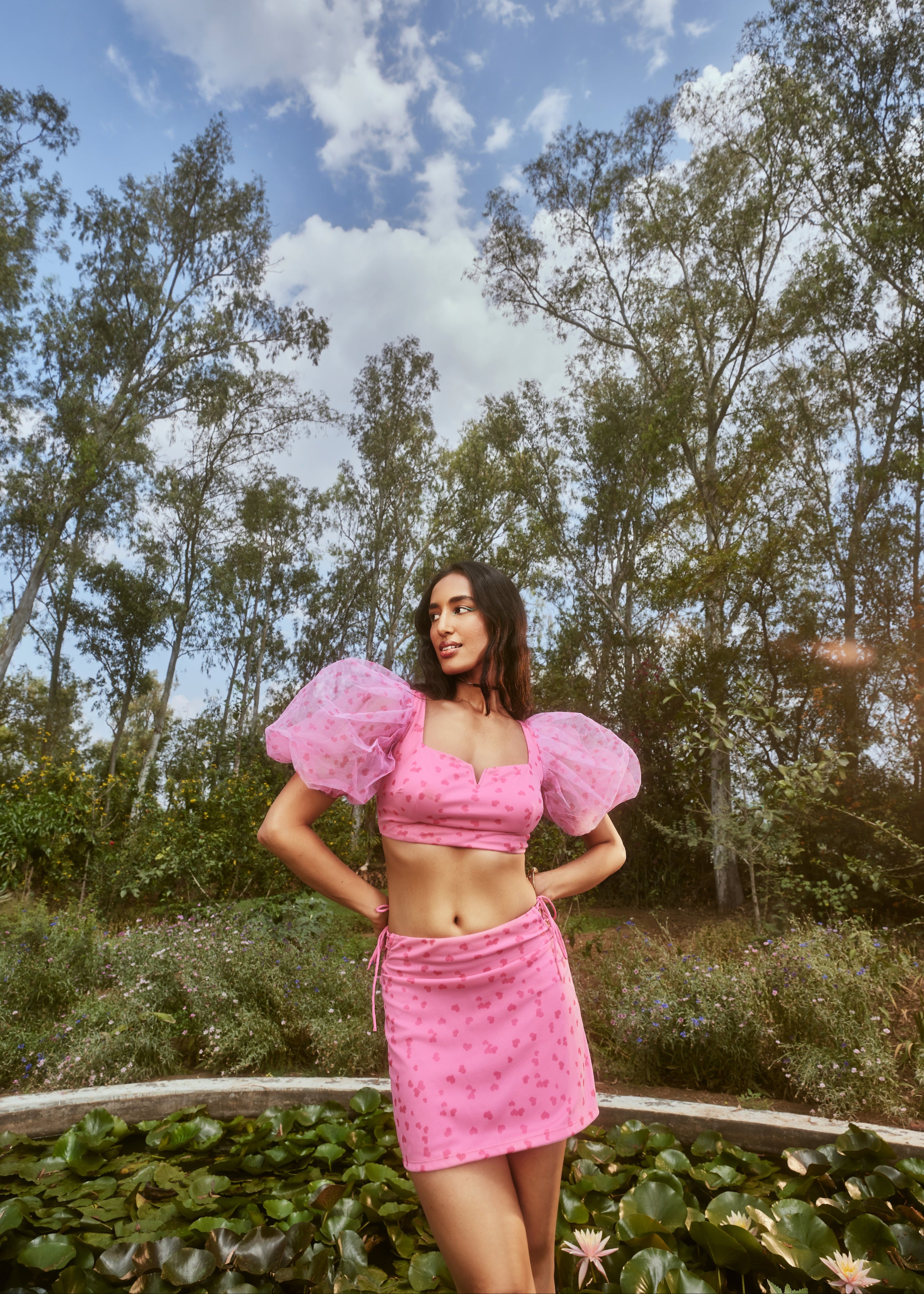 Cleo Pink Heart Print Coord Set with a playful heart pattern on both the top and bottoms in a vibrant pink hue