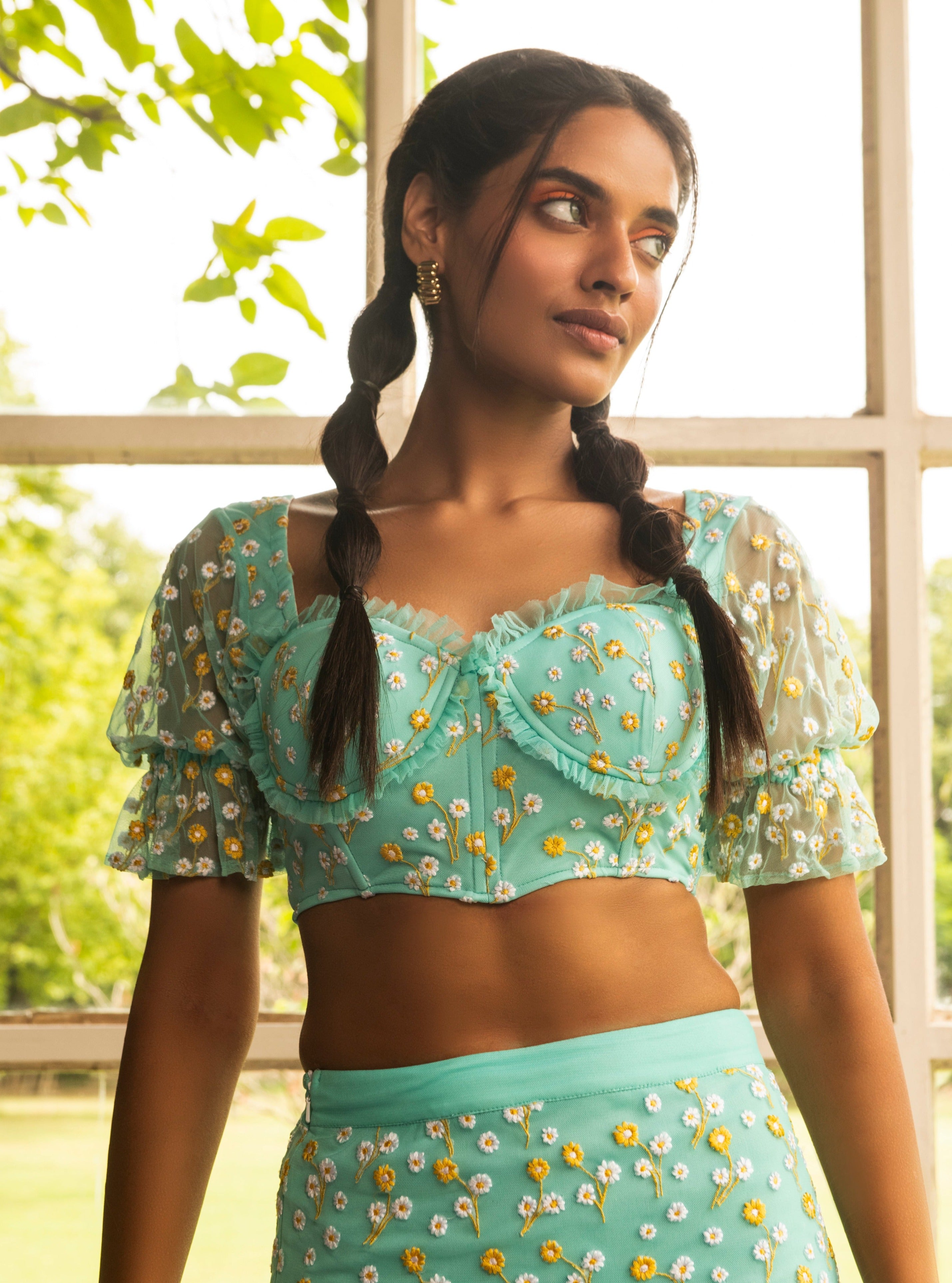 Eloise Blue Daisy Embroidered Corset
