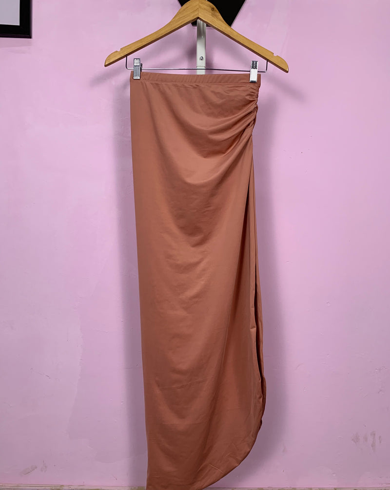 Charlene Blush Ruched Slit Maxi Skirt Fit Sample