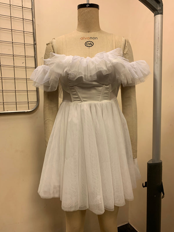Maxine White Ruffle Tulle Corset Dress Fit Sample
