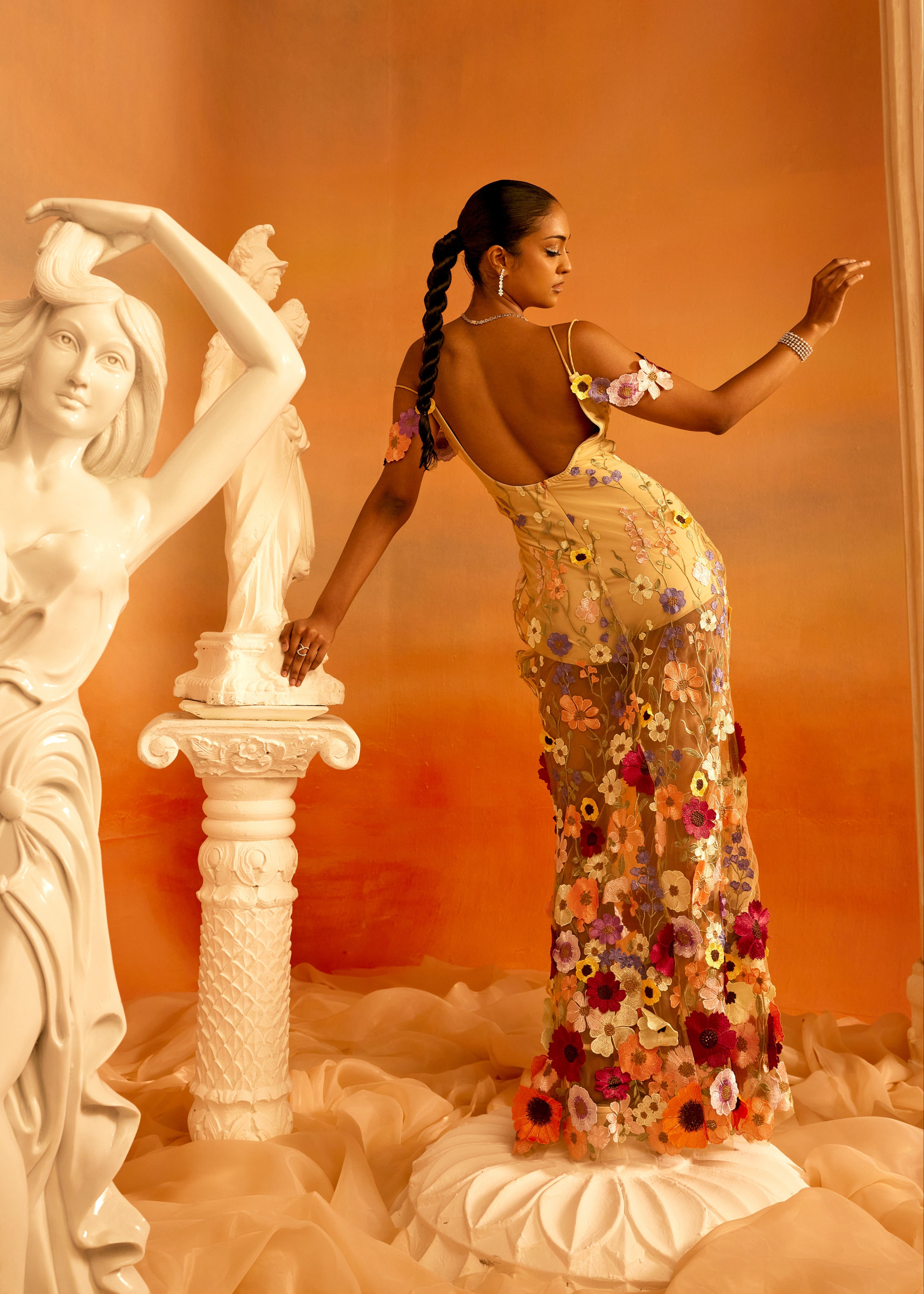 Katrina Nude 3-D Flower Embroidered Gown featuring intricate 3-D floral embroidery on a nude-toned gown