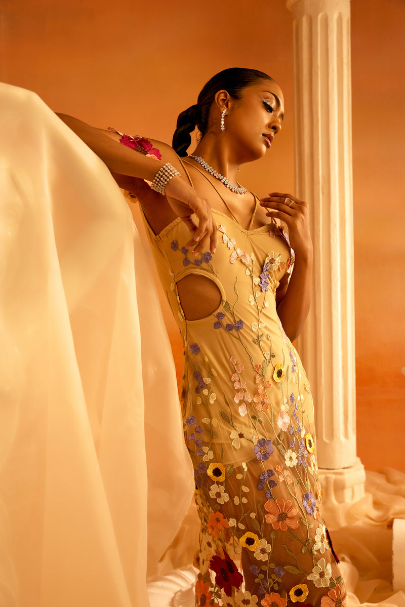 Katrina Nude 3-D Flower Embroidered Gown