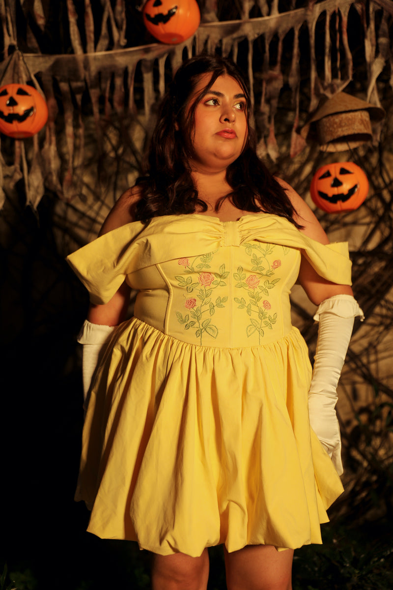 Yellow corset dress bow sleeves