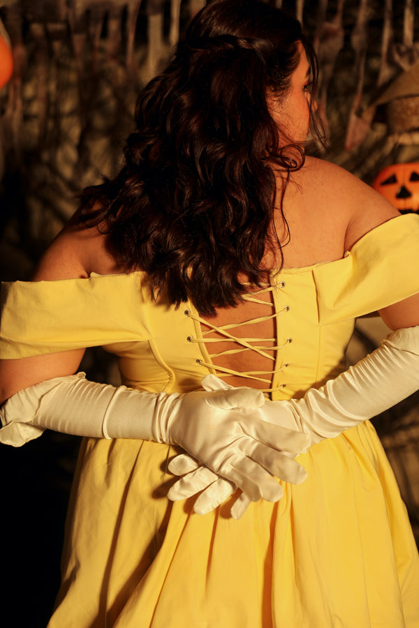 Yellow corset dress bow sleeves