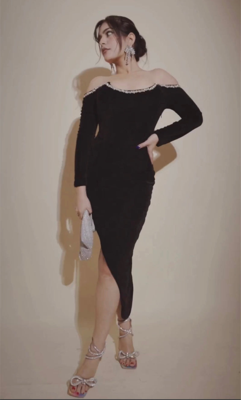 Adele Black Velvet Corset Rhinestone Dress
