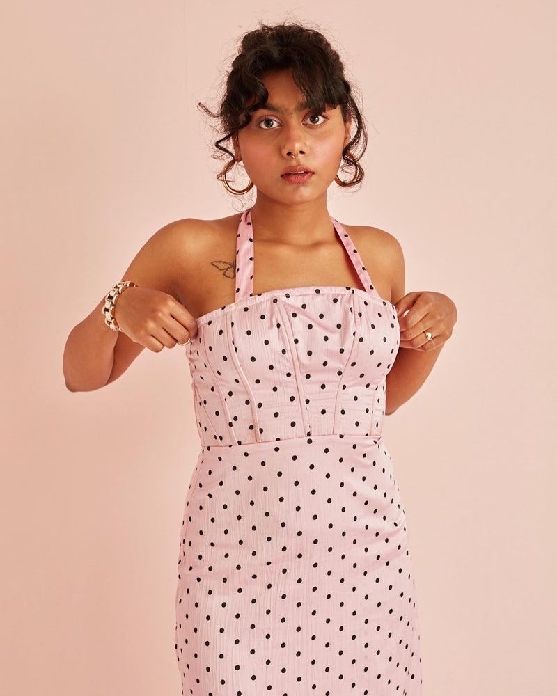 Coco Pink Polka Dot Corset Midi Dress