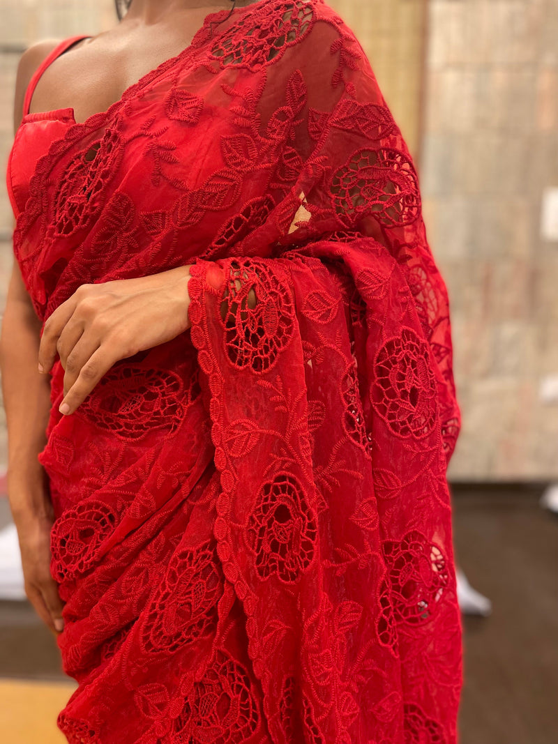 Aiza Red Floral Embroidered Pre-Stitched Saree