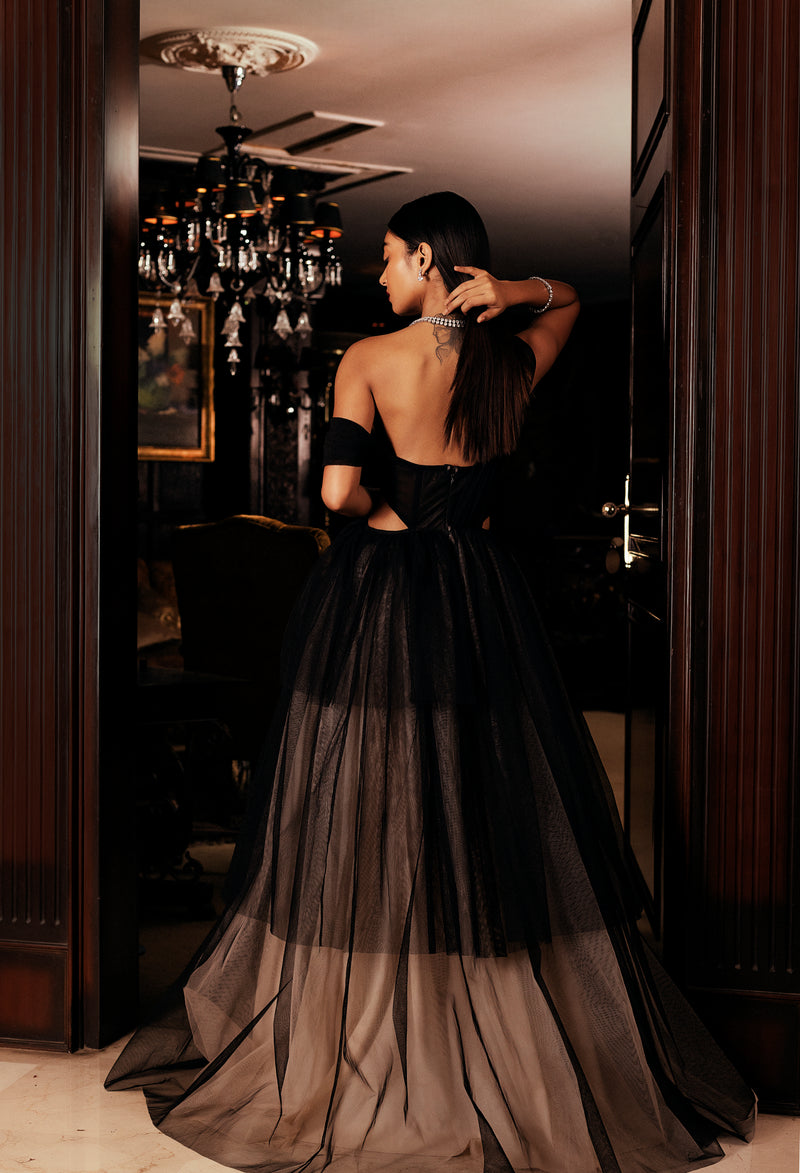 Anastasia Black and Nude Tulle Corset Gown