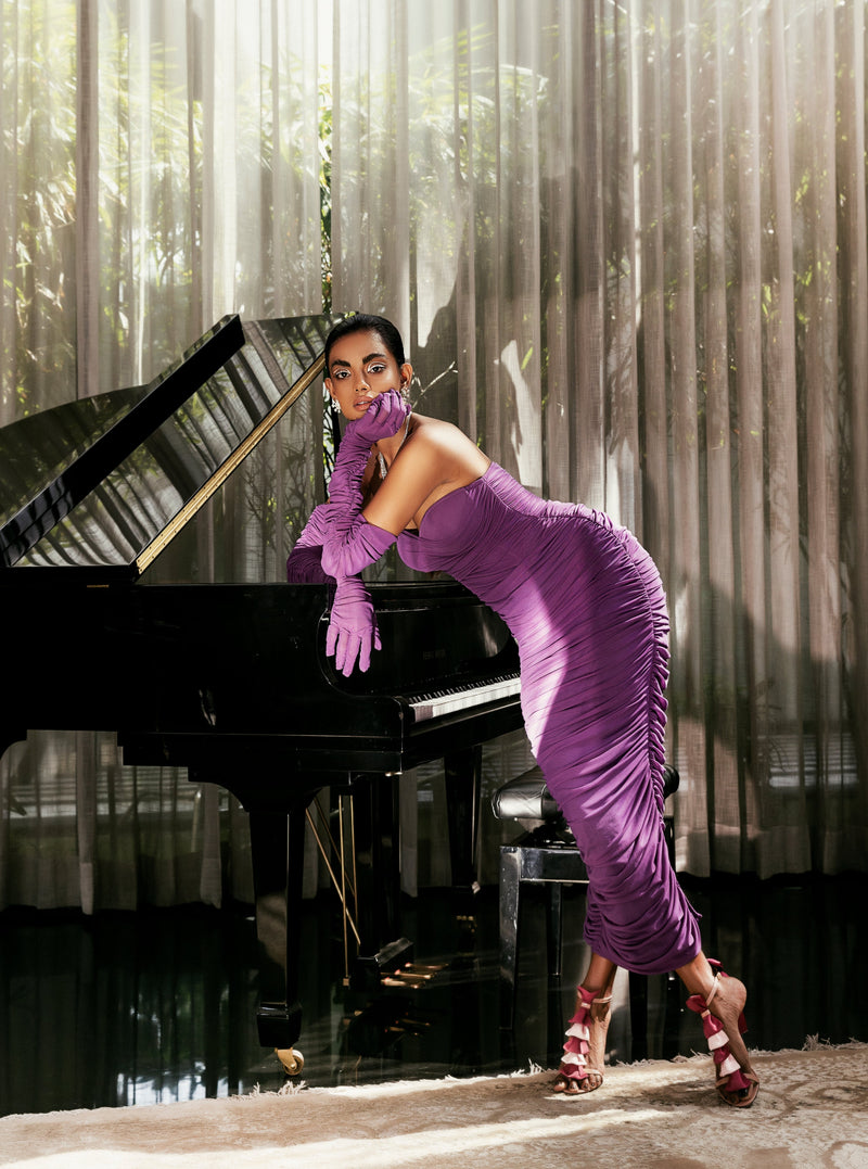 Audrey Purple Ruched Mesh Corset Dress