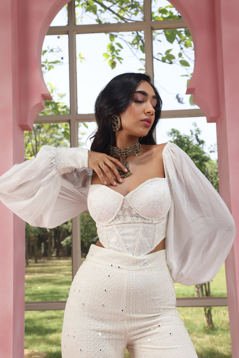 Buy Our Ruhiya White Embroidered Georgette Corset Top
