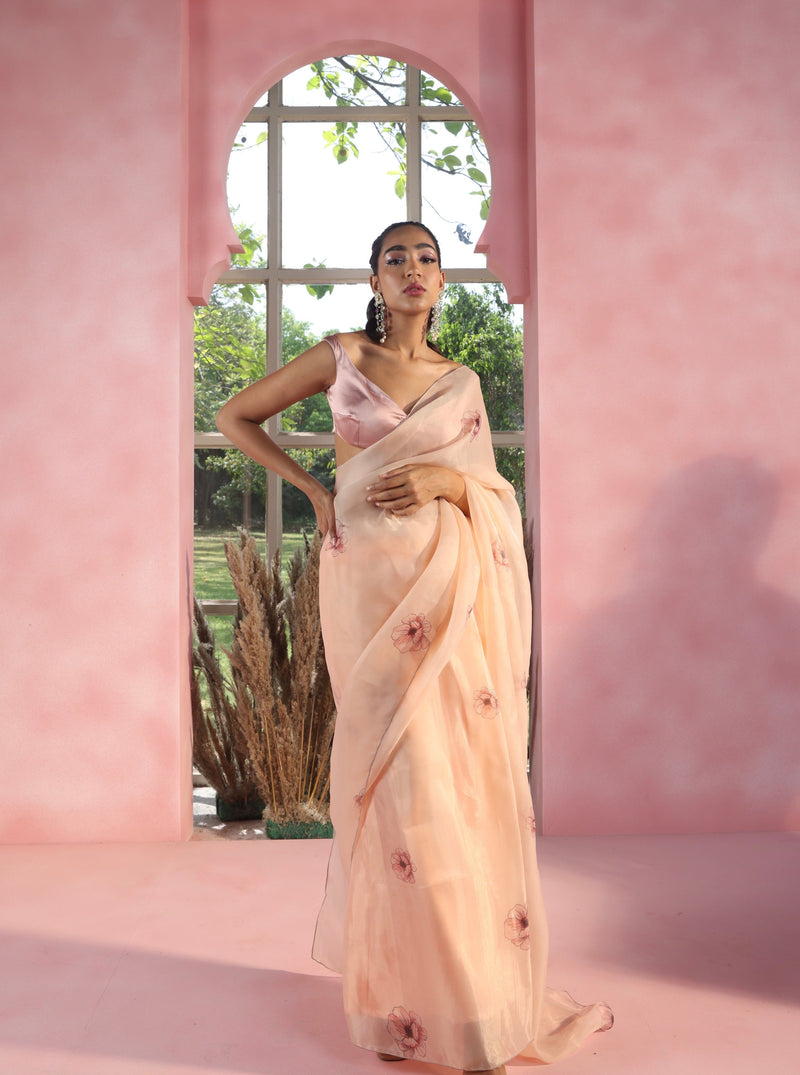 Floral Organza Pre-Stitched Saree and Blouse